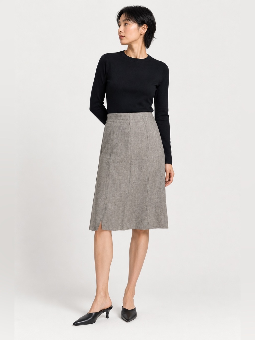 Sophia Made in Japan Wool Linen Silk A-Line Midi Skirt Gray Small 523-2811580